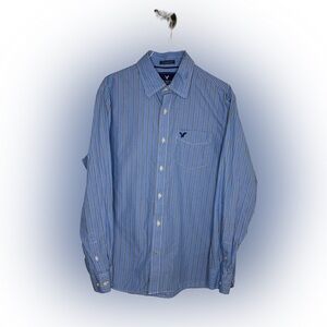 AMERICAN EAGLE OUTFITTERS Men’s Blue Brown Striped Button Cotton Shirt Sz Large